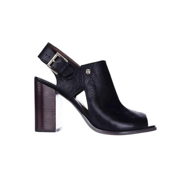Tommy Hilfiger Peep Toe Open Heel Women's Bootie Pumps Shoes Leather Black 9M - Picture 1 of 10